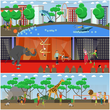 Vector set of dolphinarium, circus and zoo posters, banners. Zoo animals, trained circus and dolphinarium animals. Aerial acrobats and clowns performing on stage. Flat style design elements.のイラスト素材