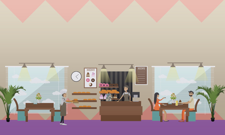 Vector illustration of saleswoman, baker at work and visitors eating pastry. Bakery, candy store concept design elements in flat style.のイラスト素材