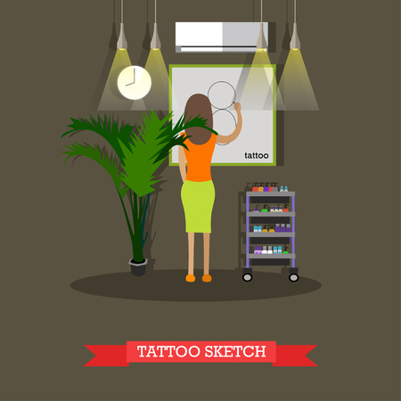 Vector illustration of woman drawing tattoo sketch on paper. Flat style design.のイラスト素材