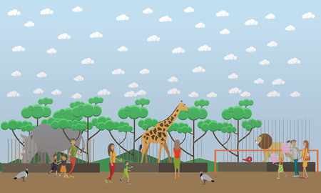 Zoo concept vector illustration. Visitors adults and kids seeing wild exotic animals in cages rhinoceros, giraffe and lion. Peafowls wandering among people. Zoo animals flat style design.のイラスト素材