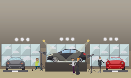 Car show concept vector illustration. Car dealer demonstrating auto to visitors, photographer taking photo of new car in exhibition pavilion, showroom or car dealership. Flat style design.のイラスト素材