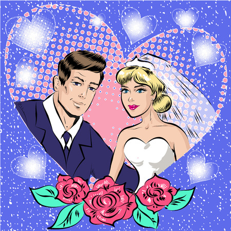 Vector pop art illustration of bride and groomのイラスト素材