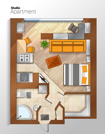 Vector modern studio apartment top view illustrationのイラスト素材