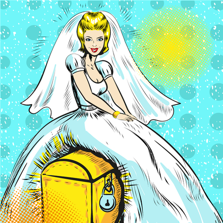 Vector pop art illustration of bride sitting on chestのイラスト素材