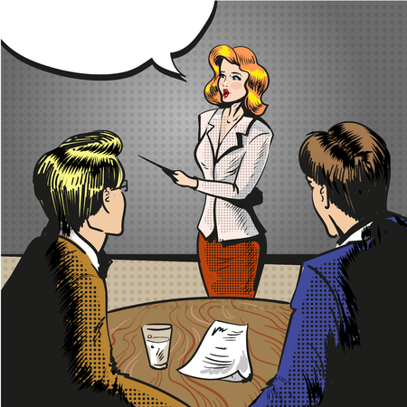 Vector pop art illustration of woman giving presentationのイラスト素材