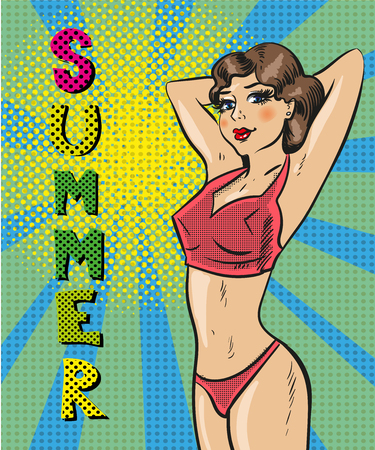 Vector pop art illustration of woman in swimsuitのイラスト素材
