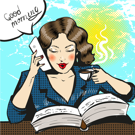Vector pop art illustration of businesswoman talking on the phoneのイラスト素材