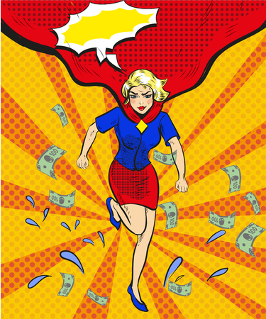 Vector pop art illustration of woman in red capeのイラスト素材