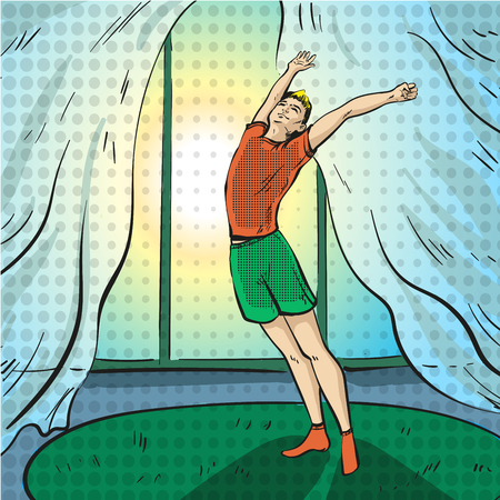 Vector pop art illustration of boy waking up in morningのイラスト素材