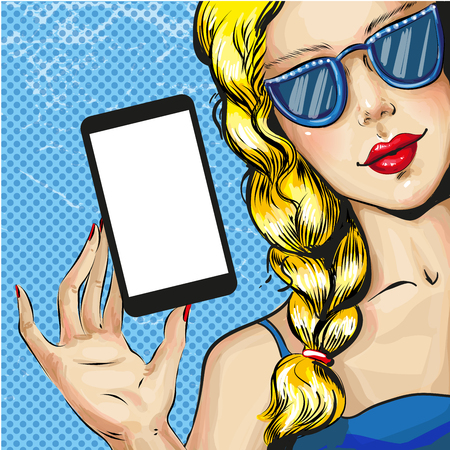Vector pop art illustration of blond woman with smartphoneのイラスト素材