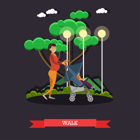 Vector illustration of pregnant mother walking with baby in stroller.のイラスト素材