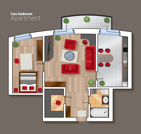 An illustration vector top view floor plan of the house room. Modern dining room, bedroom and bathroom interior with furniture.のイラスト素材