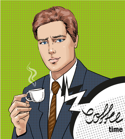 Vector pop art illustration of man with cup of coffeeのイラスト素材