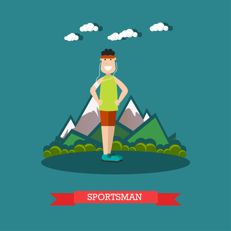 Vector illustration of young man in headphones training in the park. Sportsman flat style design element.のイラスト素材