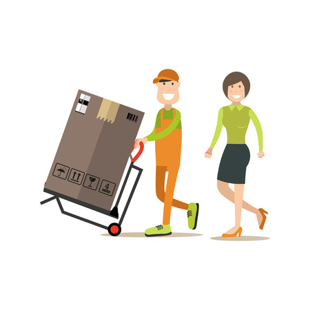 Vector illustration of loader pushing cart with fridge in carton box.のイラスト素材