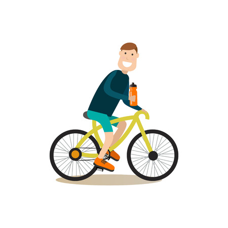 Vector illustration of smiling man with sports water bottle riding bicycle.のイラスト素材
