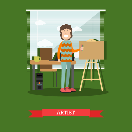 Illustration of painter male with pencils standing next to easel.のイラスト素材