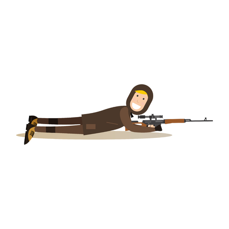 Illustration of hunter with rifle laying on the ground. Hunter people flat style design element, icon isolated on white background.のイラスト素材