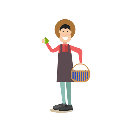 Vector illustration of man holding basket full of blueberries in one hand and apple in the other. Blueberry hunting season concept flat style design element, icon isolated on white background.のイラスト素材