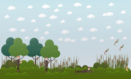Duck hunting vector illustration. Hunters shooting flying wild ducks flat style design elements. Waterfowl hunting, outdoor sporting activity concept.のイラスト素材