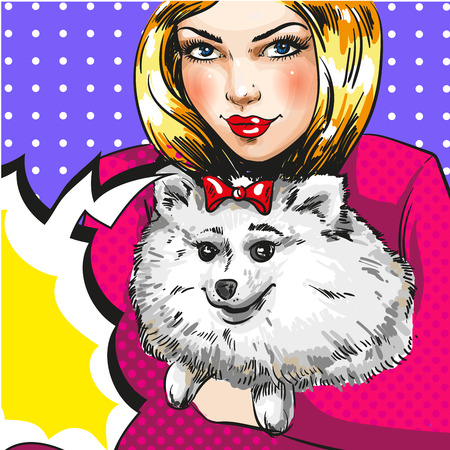 Vector vintage pop art girl with her pet dogのイラスト素材