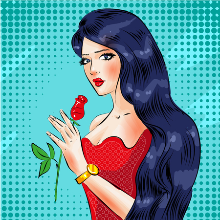 Vector pop art beautiful girl with red roseのイラスト素材