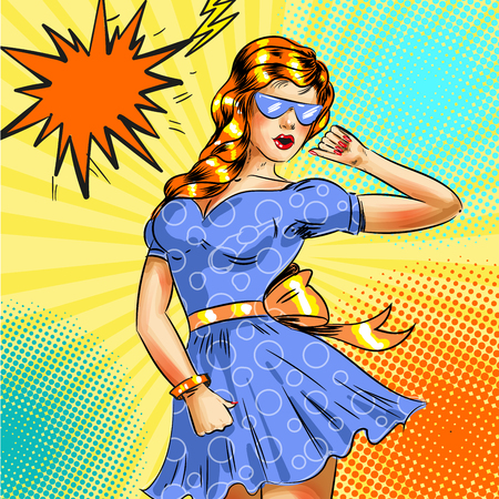 Vector pop art girl in blue dress and blue sunglassesのイラスト素材