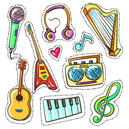 Vector hand drawn color musical instruments set illustration.のイラスト素材