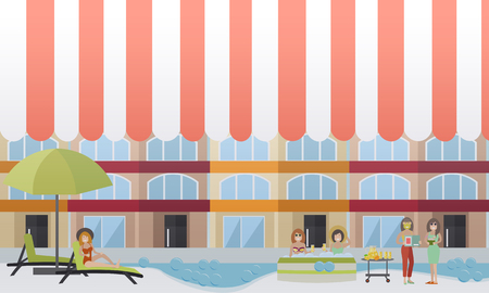 Vector illustration of young women enjoying the baths, cosmetic facial treatment and rest. Spa hotel services concept design elements in flat style.のイラスト素材