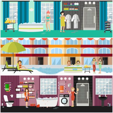 Vector set of spa aqua therapy concept posters, banners. Women taking baths and enjoying thermal water treatments, aromatherapy at spa hotel, wellness centre. Flat style design.のイラスト素材