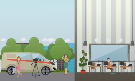 Vector illustration of radio broadcast journalist female in headphones holding microphone, radio dj male in headphones working in front of microphone and computer at radio studio. Flat style design.のイラスト素材