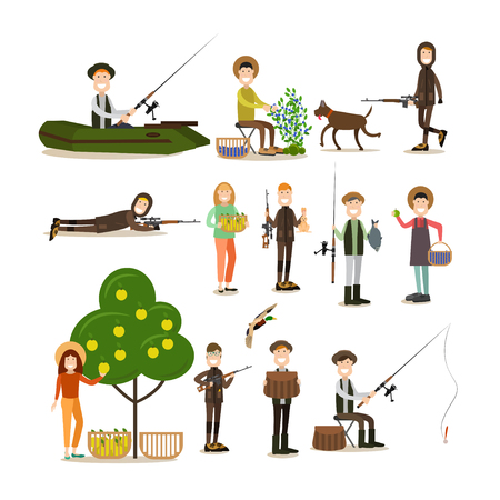 Vector illustration of hunter with hunting equipment, fisher with fishing rod, people picking blueberries and apples. Hunter people flat style design elements, icons isolated on white background.のイラスト素材
