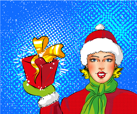 Vector pop art girl in Santa costume holding gift boxのイラスト素材