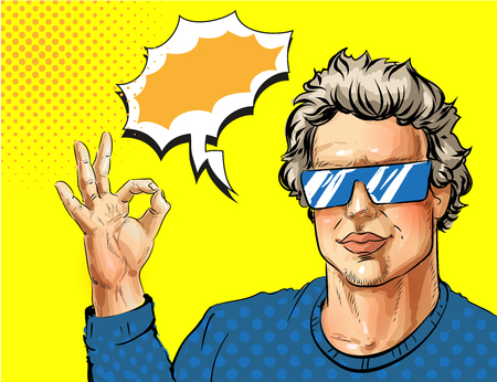 Vector illustration of young man in eyeglasses showing ok hand sign, speech bubble. Handsome man portrait in retro pop art comic style.のイラスト素材