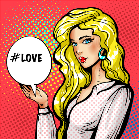 Vector pop art beautiful girl with love speech balloon.のイラスト素材