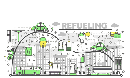 Refueling concept vector illustration with green vehiclesのイラスト素材