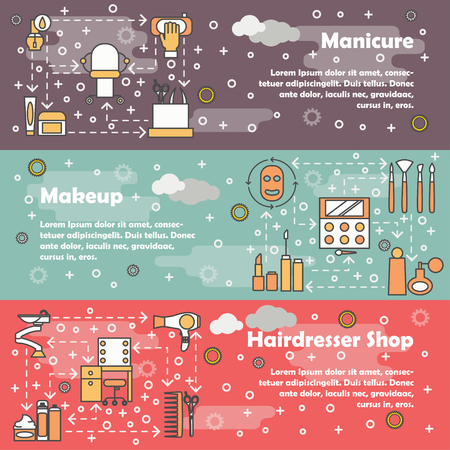 Vector set of horizontal banners with Manicure, Makeup and Hairdresser shop thin line art flat style design elements, web templates.の素材 [FY31097640936]