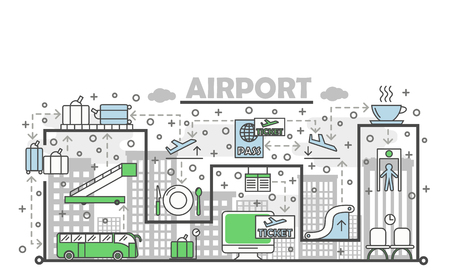 Airport poster banner template. Vector thin line art flat style design icons for website banners and printed materials.のイラスト素材