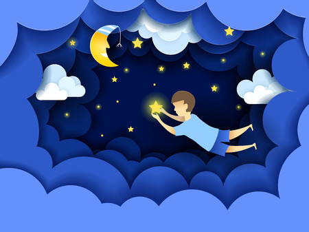 Child touching the stars in the sky. Kids dream vector illustration in paper art origami style. Paper cut design concept. Fairy tale wallpaper in baby roomのイラスト素材