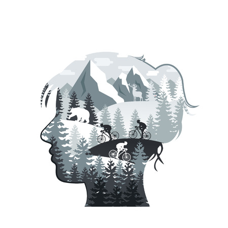 Vector multiple exposure illustration of woman head silhouette with forest, mountain rocks, bear, deer, mountain bikers. Ecology and nature protection concept.のイラスト素材
