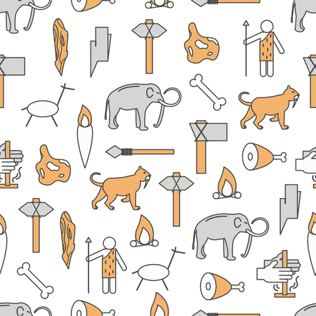 Vector seamless pattern with caveman, stone tools, mammoth, bonfire, torch etc. Thin line art flat style design cave people background, wallpaper.のイラスト素材