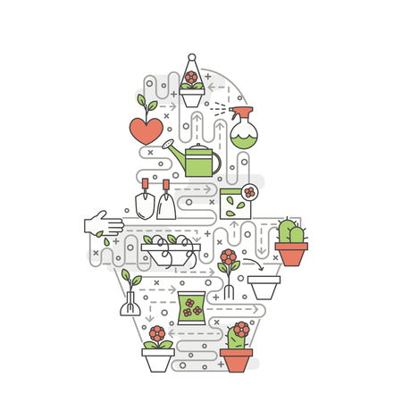 Cactus in pot shape poster banner template. House plants in pots, sprouting seeds, gardening tools vector thin line art flat style design elements, icons for web banners and printed materials.のイラスト素材