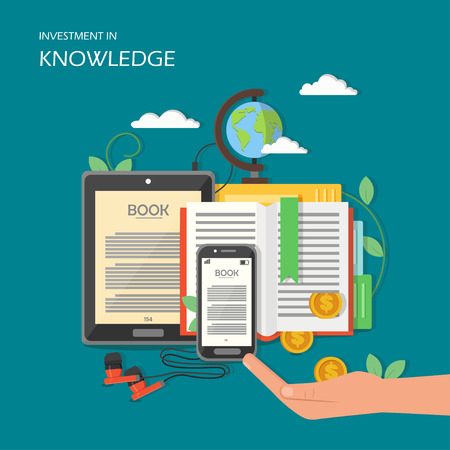 Investment in knowledge concept vector illustration. Globe, e-book, smartphone with earphones and dollar coins falling from book into human hand. Flat style design element for poster, banner etc.のイラスト素材