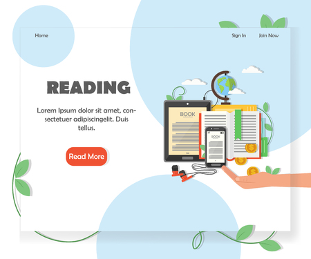 Educational website homepage template. Vector flat style design element with copy space and read more button.のイラスト素材