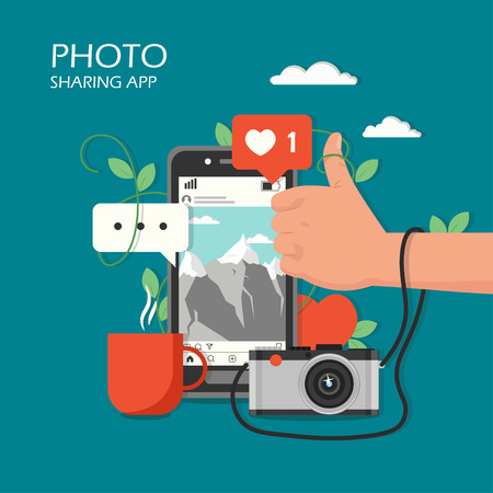 Social photo sharing app vector flat illustrationのイラスト素材