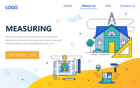 Vector web site linear art design template. House construction building plan and measuring. Landing page concepts for website and mobile development. Modern flat illustrationのイラスト素材