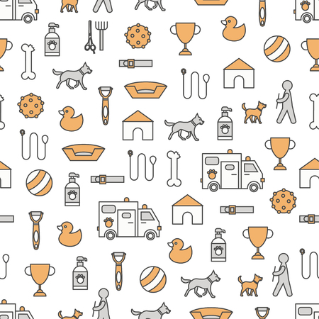 Vector seamless pattern with dog and puppy accessories leash, collar, toys, food bowl, doghouse, grooming tools and supplies. Thin line art flat style design dog training background, wallpaper.のイラスト素材