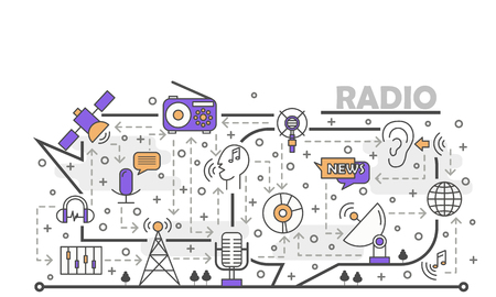 Radio vector poster banner template. Radio station music news broadcasting. Thin line art flat icons for web banners, printed materials.のイラスト素材