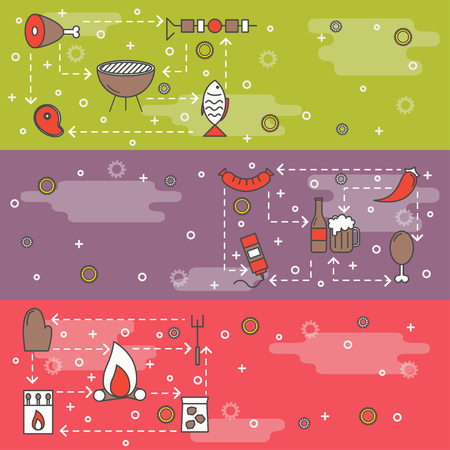 Barbeque vector web banner template set. Bbq grilled meat, fish, sauce, chili, beer and grilling equipment thin line art flat style design elements, icons.のイラスト素材