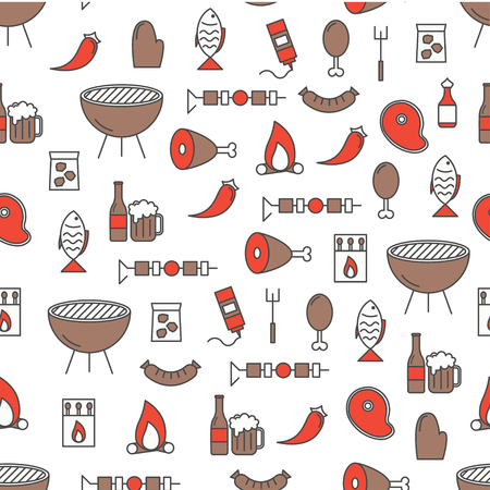 Vector seamless pattern with bbq grilled meat, fish, sauce, chili, beer and grilling equipment. Thin line art flat style design barbeque background, wallpaper.のイラスト素材